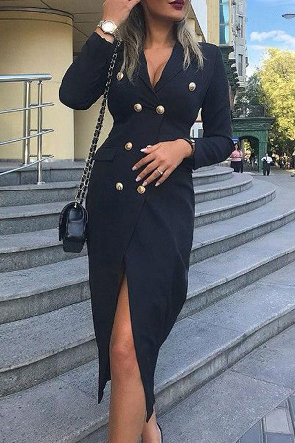 Elegant Double-Breasted TR Fabric Short Sleeve Long Dress main image 1