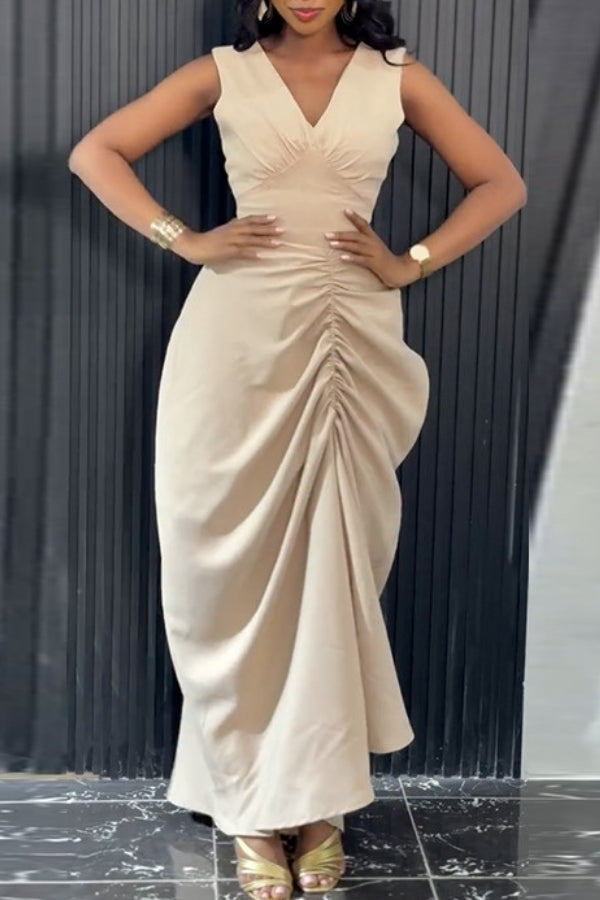 Textured Solid V-neck Maxi Dress