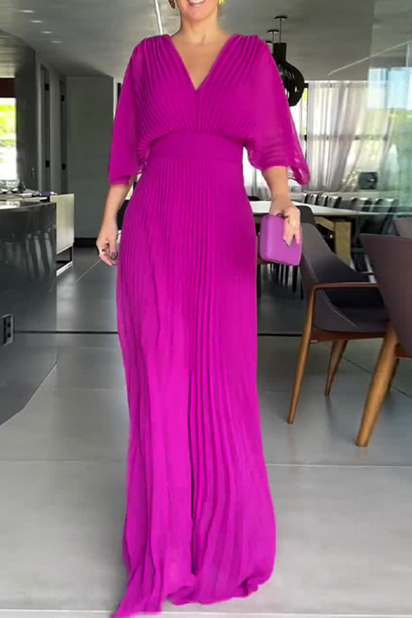 Long Sleeves Pleated Solid Color Split-Side V-Back High-Neck Evening Dresses Maxi Dresses