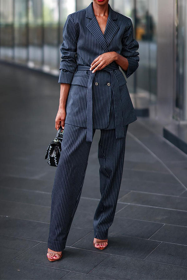 Vertical Striped Notched Lapel Classic Belted Pant Suit LovelyCoral