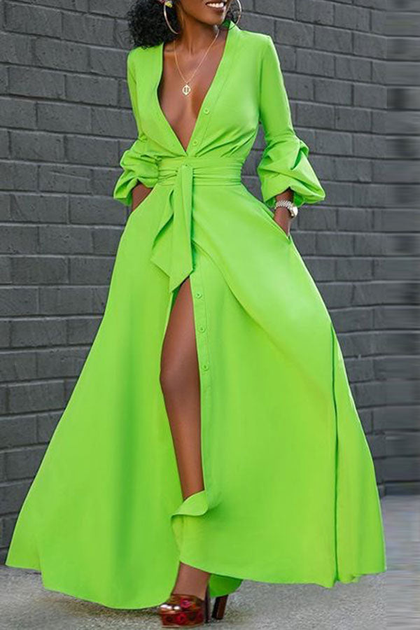 Solid Color On-trend Deep V Neck Belted Maxi Dress  LovelyCoral