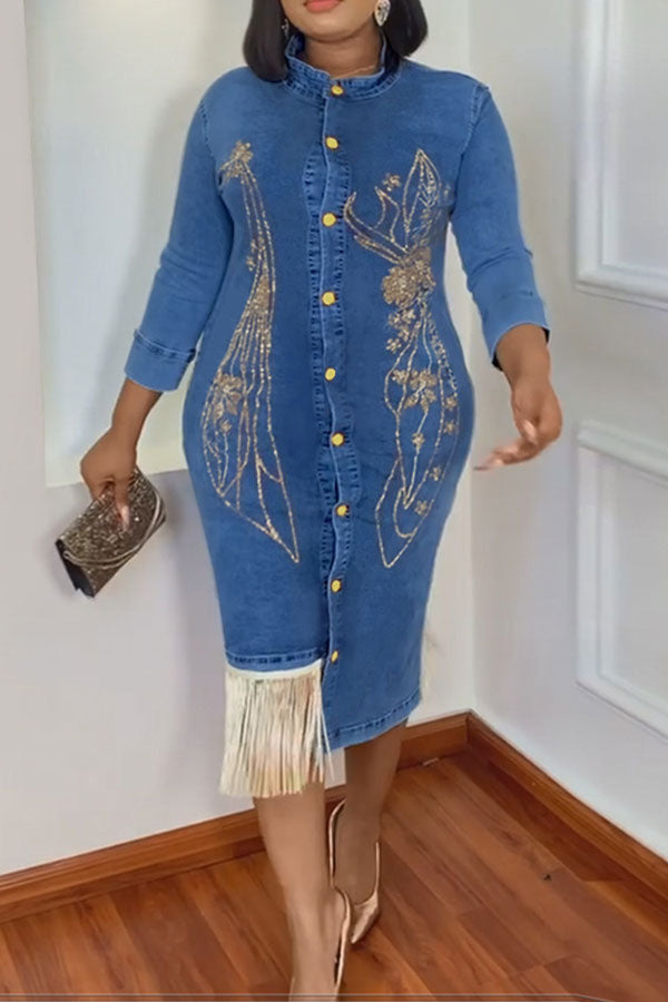 Rhinestone Undeniable Tassel Denim Midi Dress LovelyCoral