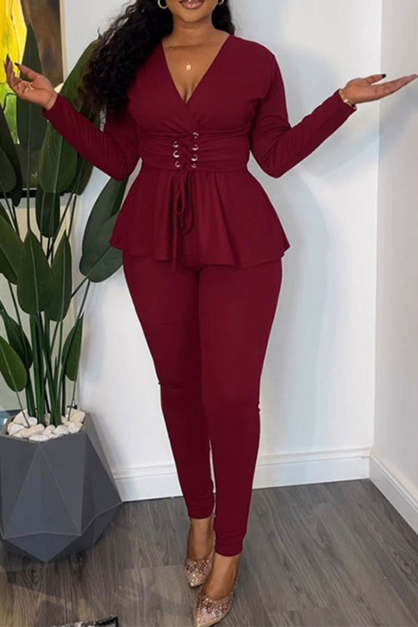 Solid Color V Neck Stylish Strappy Peplum Pant Suit – LovelyCoral