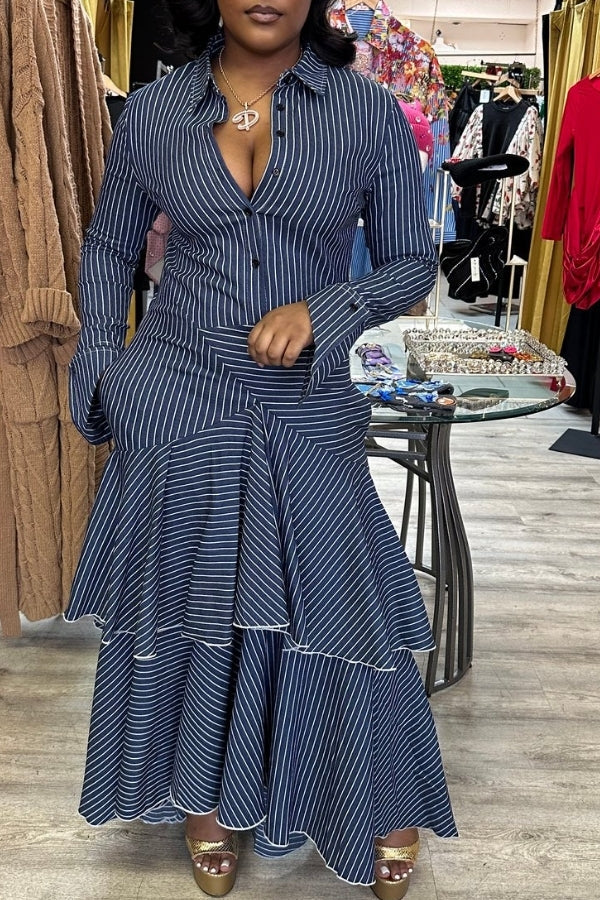 Striped Shirt Collar Rocking Tiered Ruffles Midi Dress – LovelyCoral