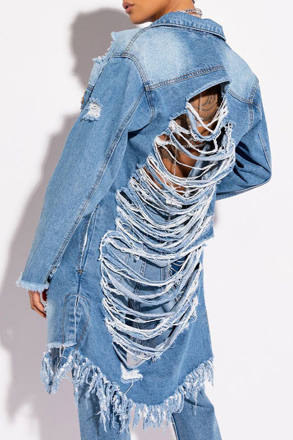 Denim Ripped Burrs Stylish Tassel Hem Trench Coat – LovelyCoral